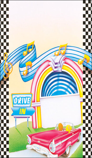 A menu cover with a retro jukebox design, a car, and a music note.