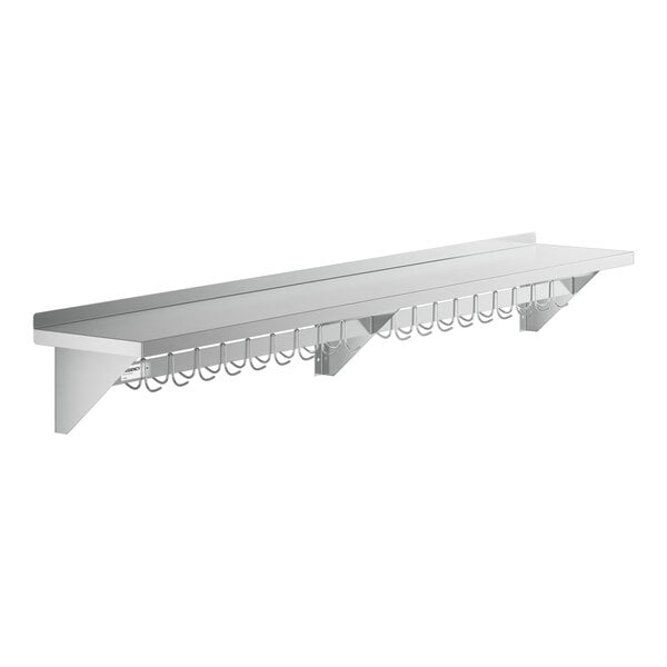 A long, wall-mounted metal shelf with multiple hooks hanging underneath and triangular supports on each end.