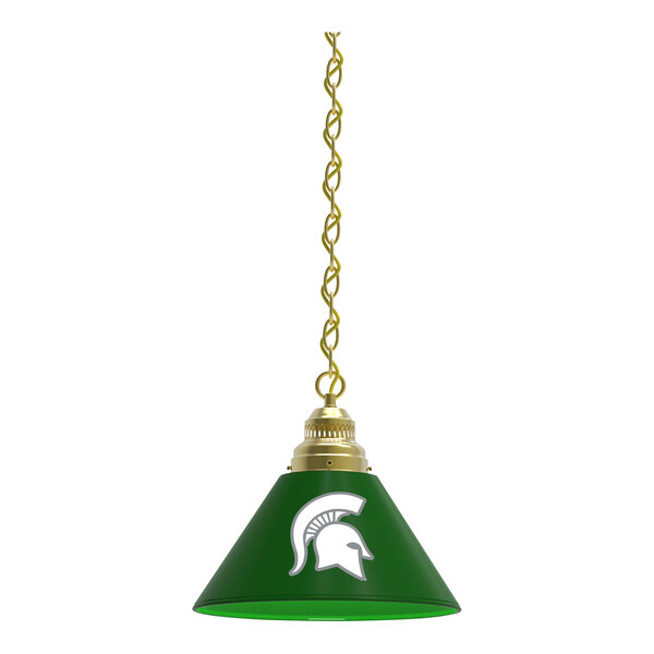 A green lamp shade with a white Michigan State Spartans helmet on it.
