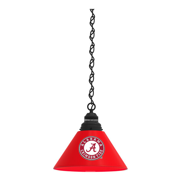 A black pendant light with a red and white University of Alabama logo shade hanging from a black chain.
