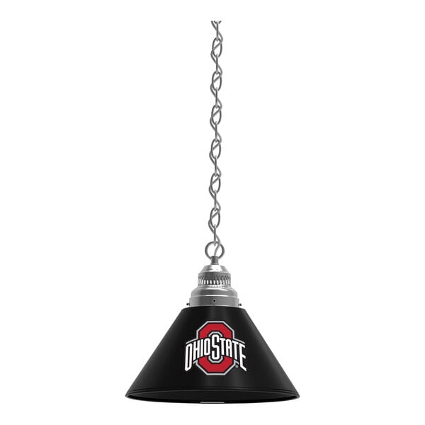 A black Holland Bar Stool pendant light with Ohio State University's red and white logo.