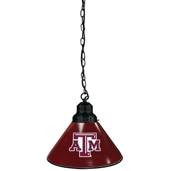 A black pendant light with Texas A&M University logo on it.