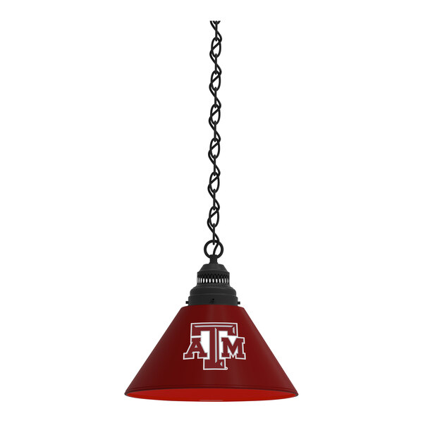 A black pendant light with the Texas A&M University logo.