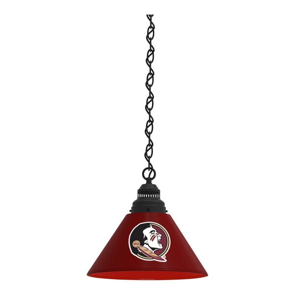 A Florida State University pendant light with a black finish and team logo hanging from a chain.