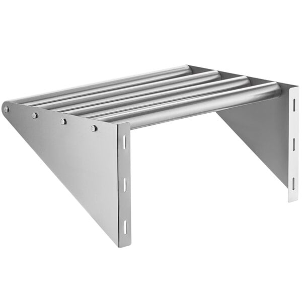 A Regency stainless steel wall mounted shelf with four tubular metal rods.
