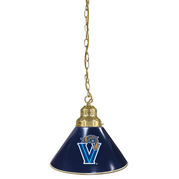 A blue lamp with the Villanova University logo on the shade and brass accents.