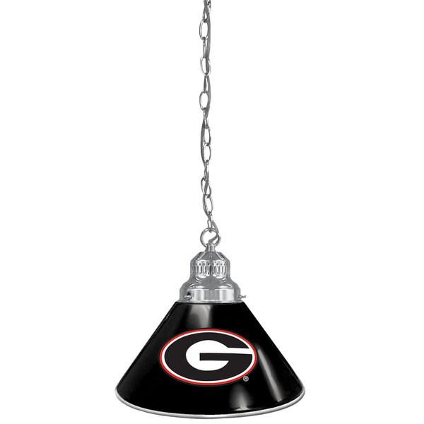 A black and white lamp shade with a red and white University of Georgia logo on a silver lamp.