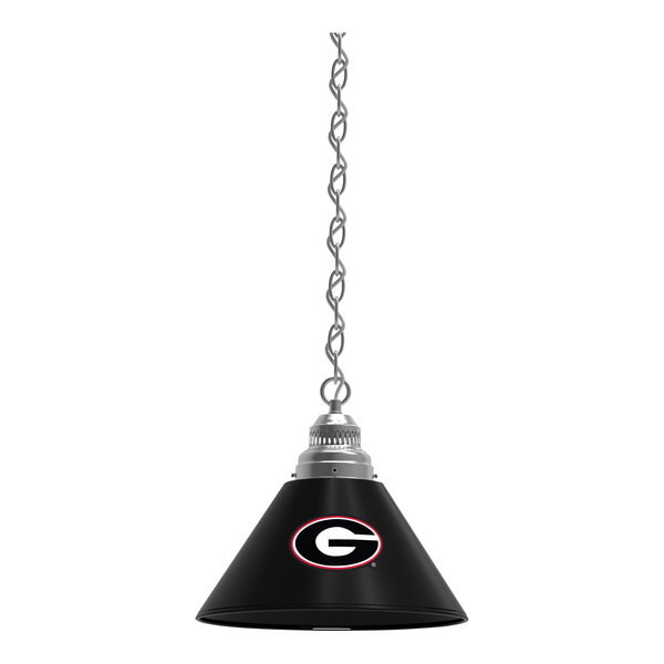 A black and silver Holland Bar Stool pendant light with a red and white University of Georgia logo.
