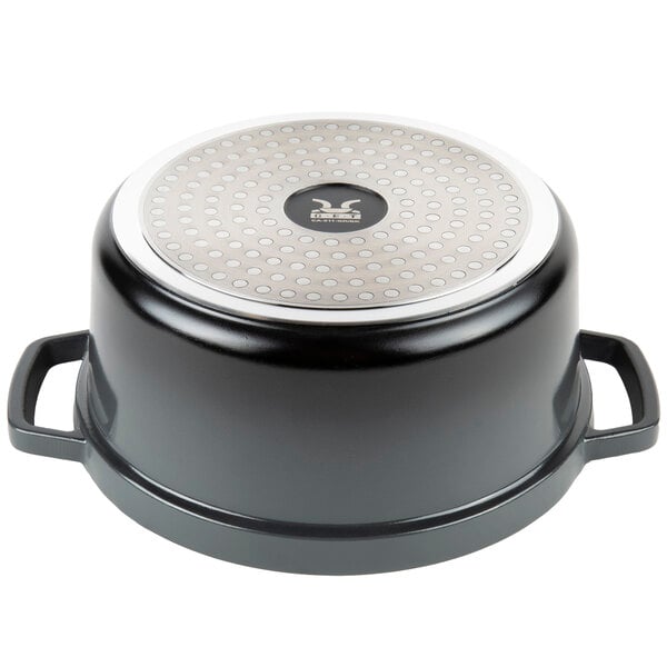 A black and silver GET Heiss enamel coated pot with a lid.