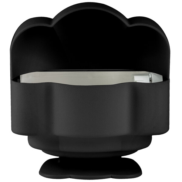 A black plastic container with a silver lid.