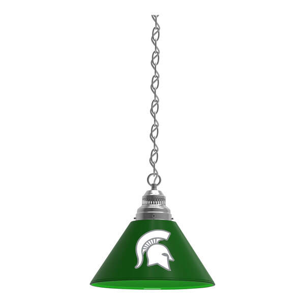 A green pendant light with a white Michigan State University logo.