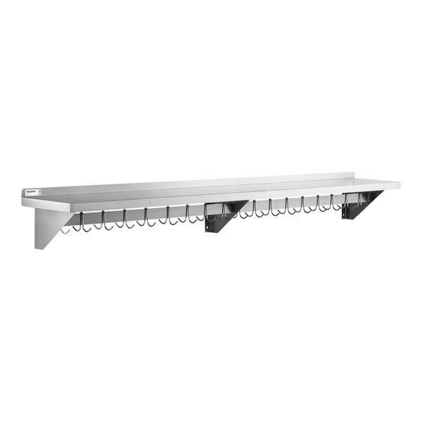 Regency 12" x 96" Stainless Steel Wall-Mounted Pot Rack with Shelf and 18 Galvanized Hooks