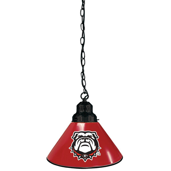 A black hanging light fixture with a red University of Georgia bulldog logo on it.