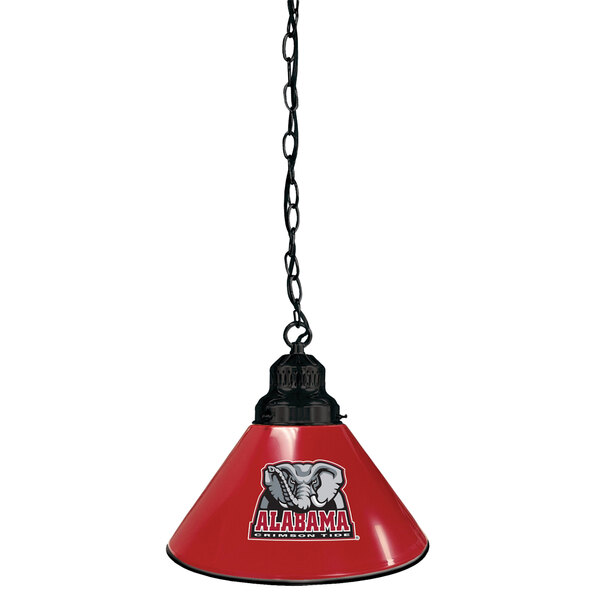 A black pendant light with a red University of Alabama logo on it.