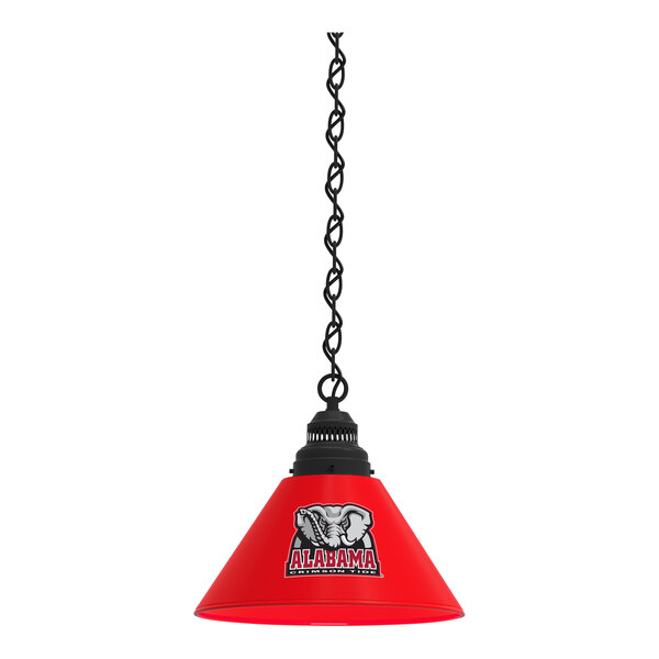 A black mini pendant light with the University of Alabama Crimson Tide logo on a red shade.