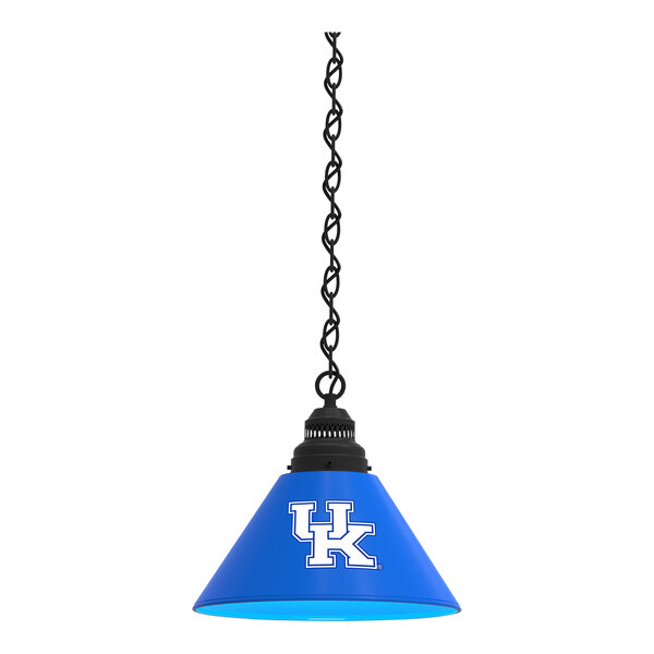 A blue pendant light with the University of Kentucky logo in white.