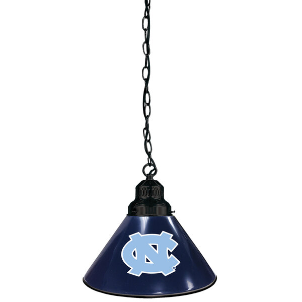 A black pendant light with University of North Carolina logo.