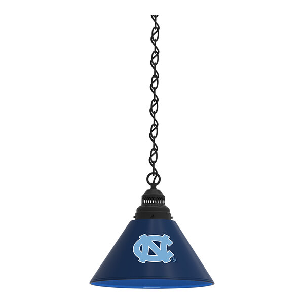 A black pendant light with the University of North Carolina logo on it.