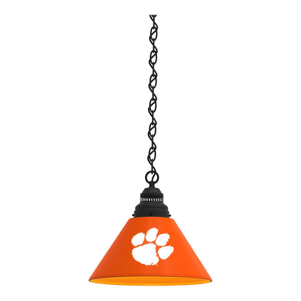 A black Holland Bar Stool pendant light with a white paw print Clemson University logo.