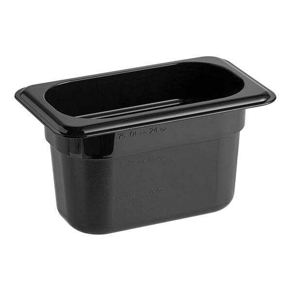 A Cambro black polycarbonate food pan with a lid.