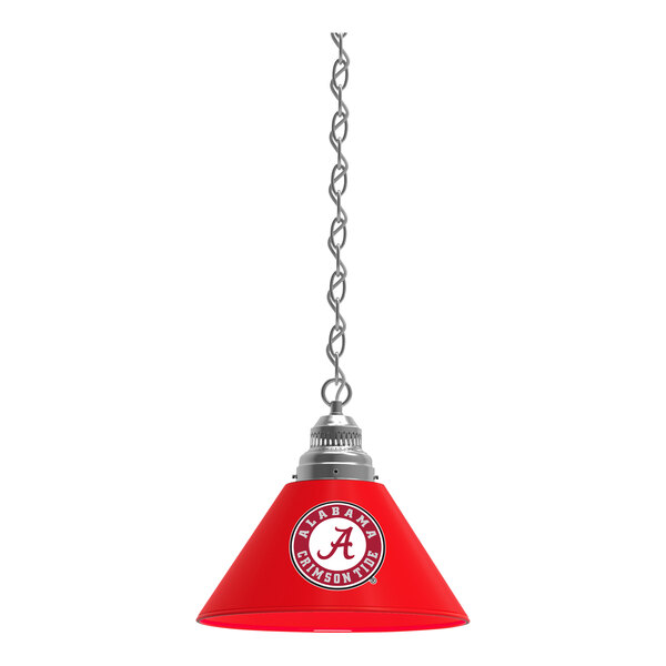A red Holland Bar Stool pendant light with a white University of Alabama logo.