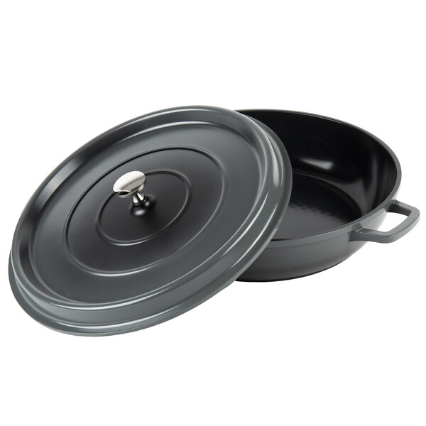 A gray enamel coated cast aluminum brazier with a lid.