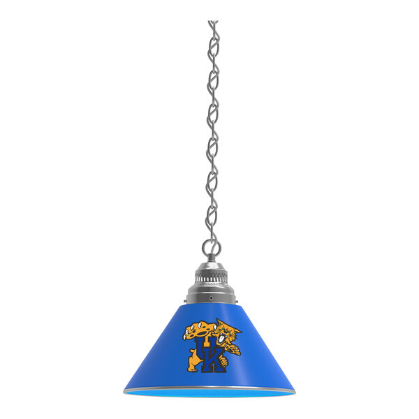 A blue lamp with a blue shade featuring the University of Kentucky logo in yellow.