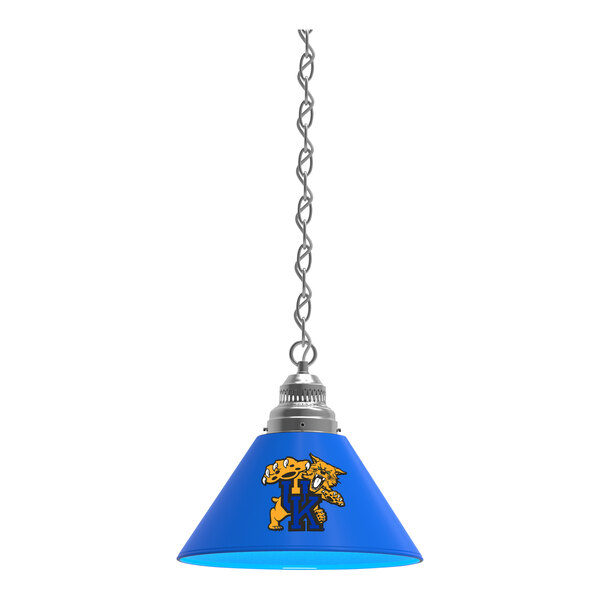 A blue lamp shade with a University of Kentucky Wildcats logo on it.