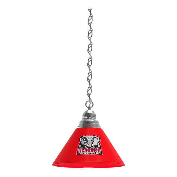 A red Holland Bar Stool 1-light mini pendant with a University of Alabama logo on the shade.