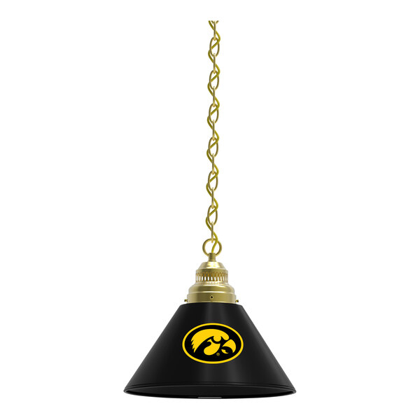 A brass pendant light with the University of Iowa Hawkeyes logo on the shade.