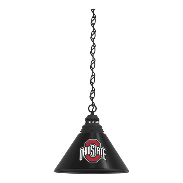 A black pendant light with the Ohio State University logo in red.