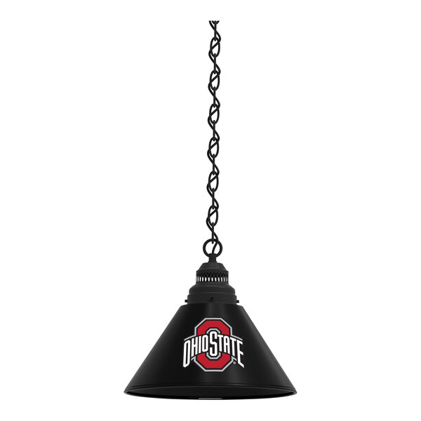 A black Holland Bar Stool pendant light with the Ohio State University logo on it.
