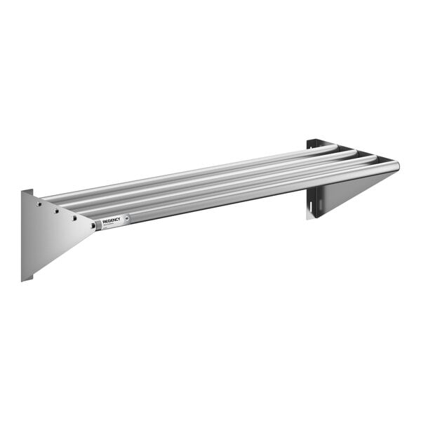 A stainless steel tubular wall mounted shelf measuring 16 inches by 48 inches.