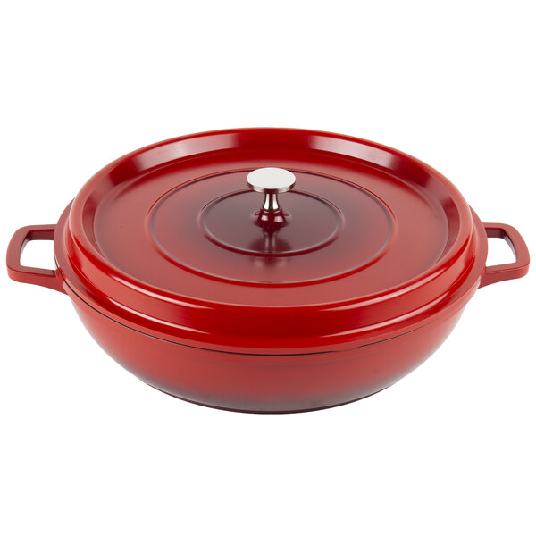 A red round brazier with a lid.