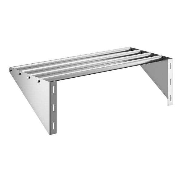 A stainless steel tubular wall mounted shelf with a 16 inch by 36 inch size.