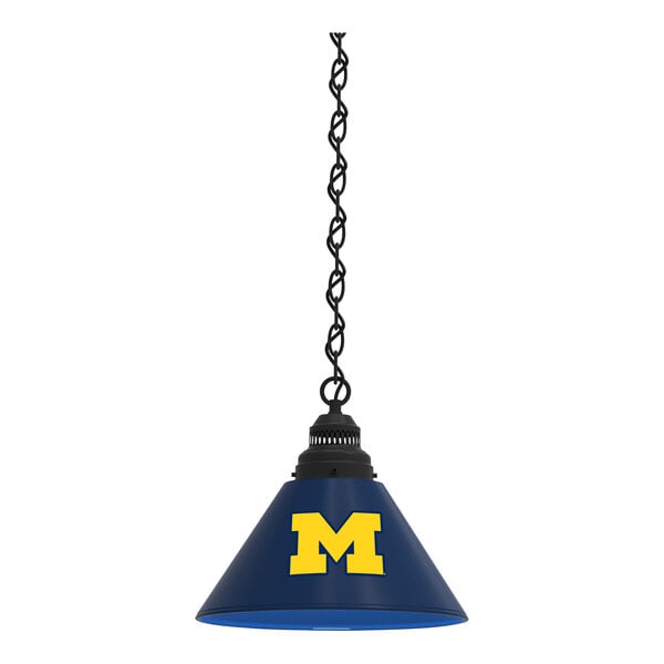 A blue pendant light with a yellow "M" and Michigan Wolverines logo.