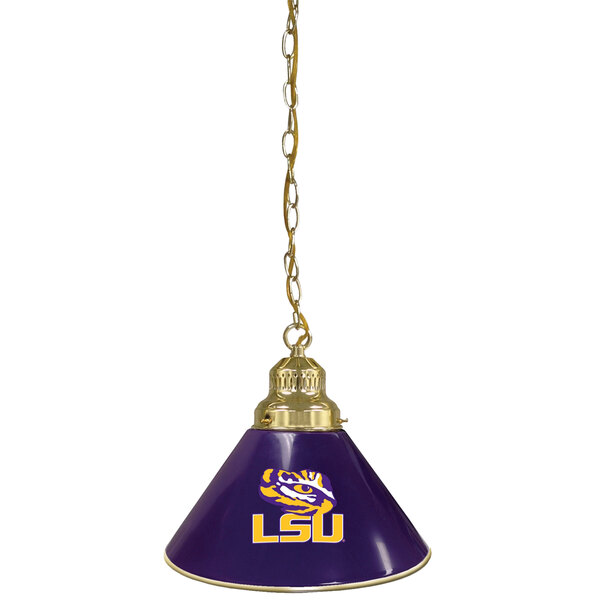 A close-up of a Holland Bar Stool LSU 1-light pendant with brass finish and chain.