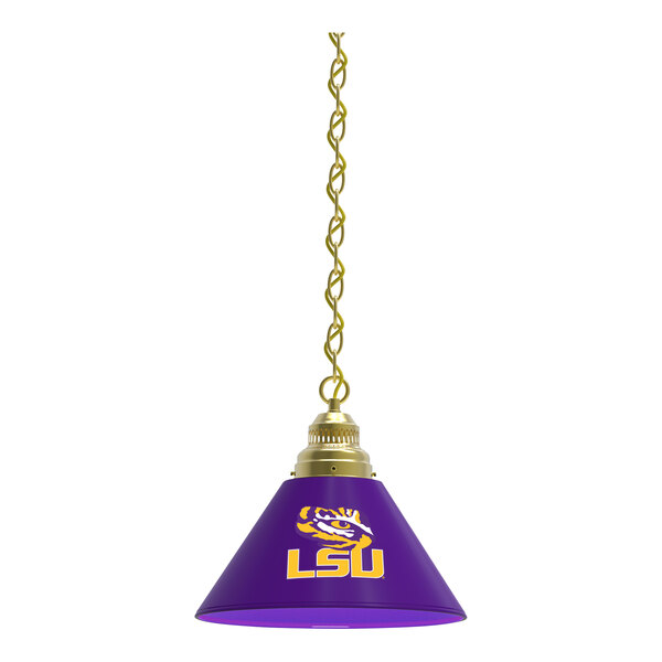 A purple lamp shade with the Louisiana State University logo on it hanging from a gold chain.