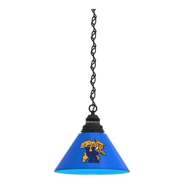 A black pendant light with a University of Kentucky logo on the shade.