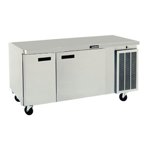 A stainless steel Delfield undercounter refrigerator with two doors and two drawers.