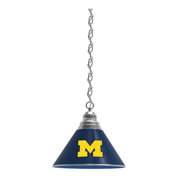 A blue lamp with a yellow "M" and a yellow letter on a blue background.