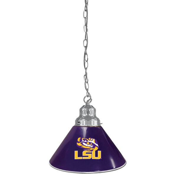 A Holland Bar Stool Louisiana State University pendant light with a purple shade featuring the LSU logo hanging from a chain.