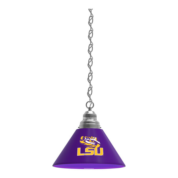 A purple pendant light with a Louisiana State University logo on it.