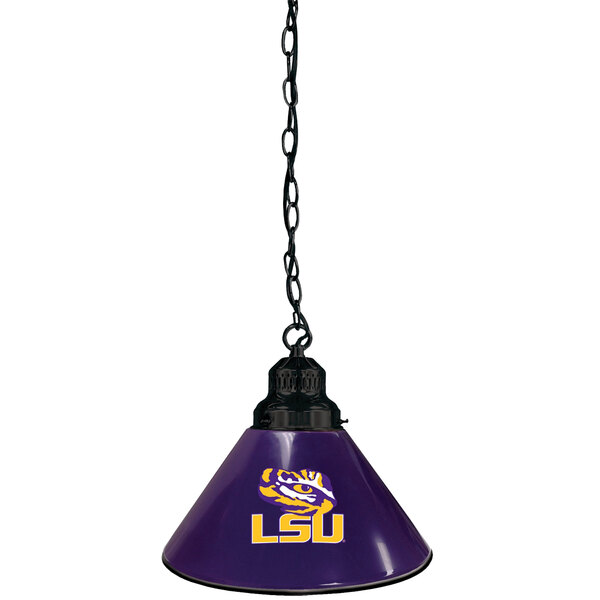 A black pendant light with the Louisiana State University Tigers logo on a purple lampshade hanging from a chain.