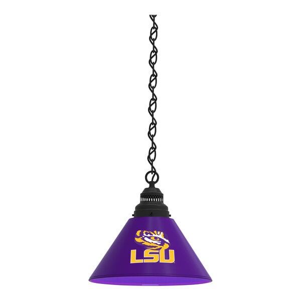 A black pendant light with a purple and yellow Louisiana State University logo.