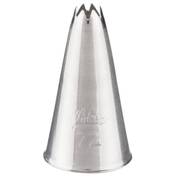 A silver metal cone with a leaf tip on it.