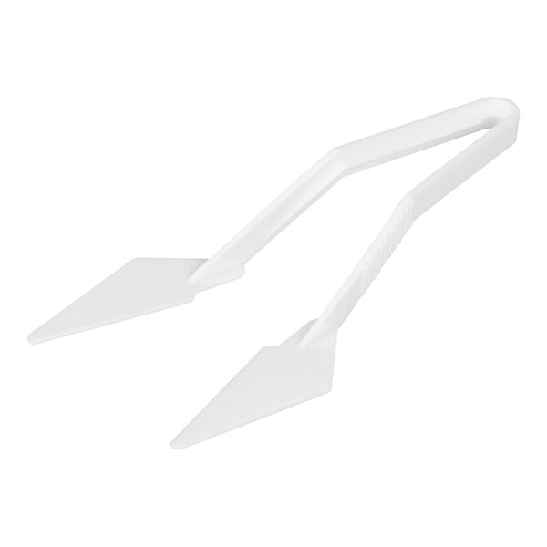 A pair of white plastic tongs with flat, triangular ends.