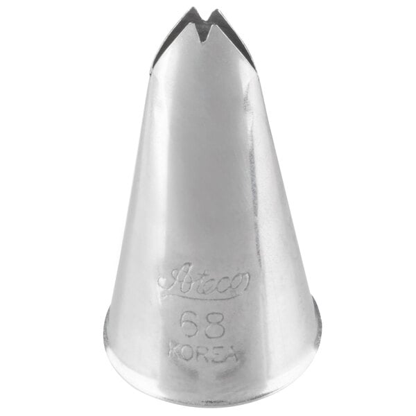 A silver Ateco leaf piping tip cone.