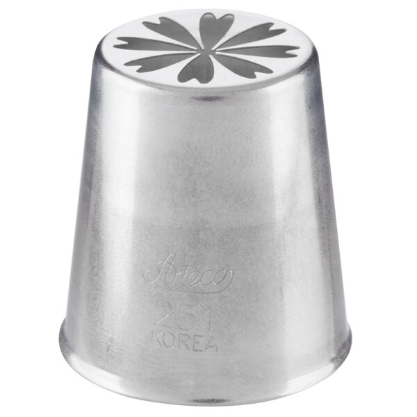 A silver metal Ateco Russian piping tip with a flower design.