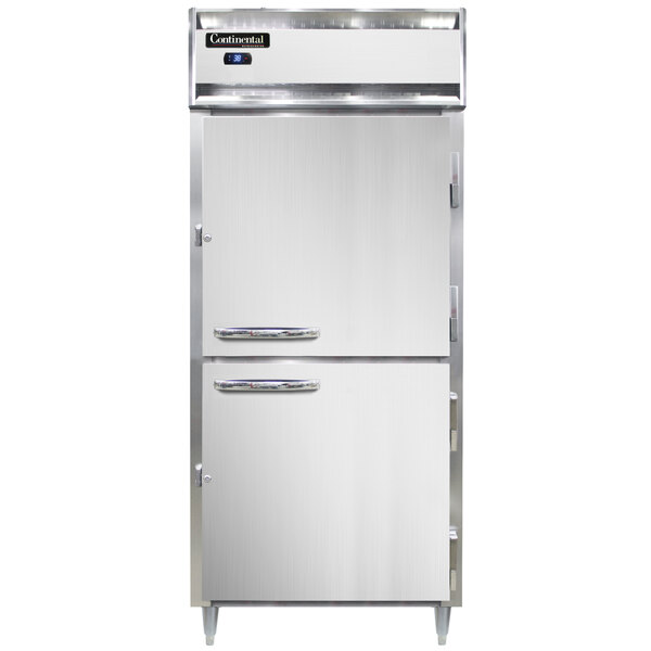 The white door of a Continental Extra-Wide Solid Half Door Reach-In Refrigerator.